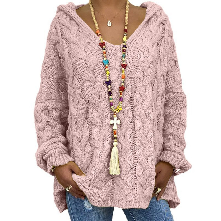 Women Oversized Cable Knit Sweater with Hood and Casual V-Neck Mune Fashion