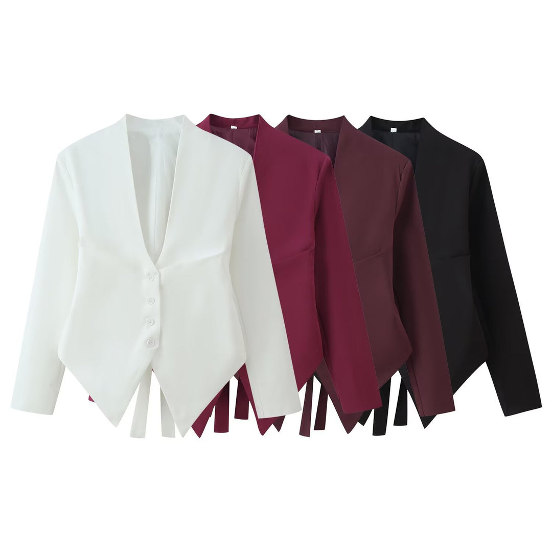 Women tailored blazer jacket with shawl collar, asymmetrical pointed hem and button closure Mune Fashion