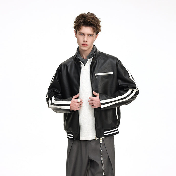 Men's Leather-like College Jacket with Contrast Stripes, Zipper Pockets, and Stand-up Collar Mune Fashion