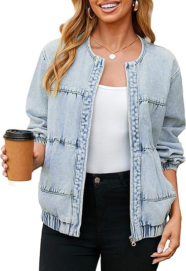 Women's bomber-style denim jacket with round neck, piping seams, and elastic hem Mune Fashion