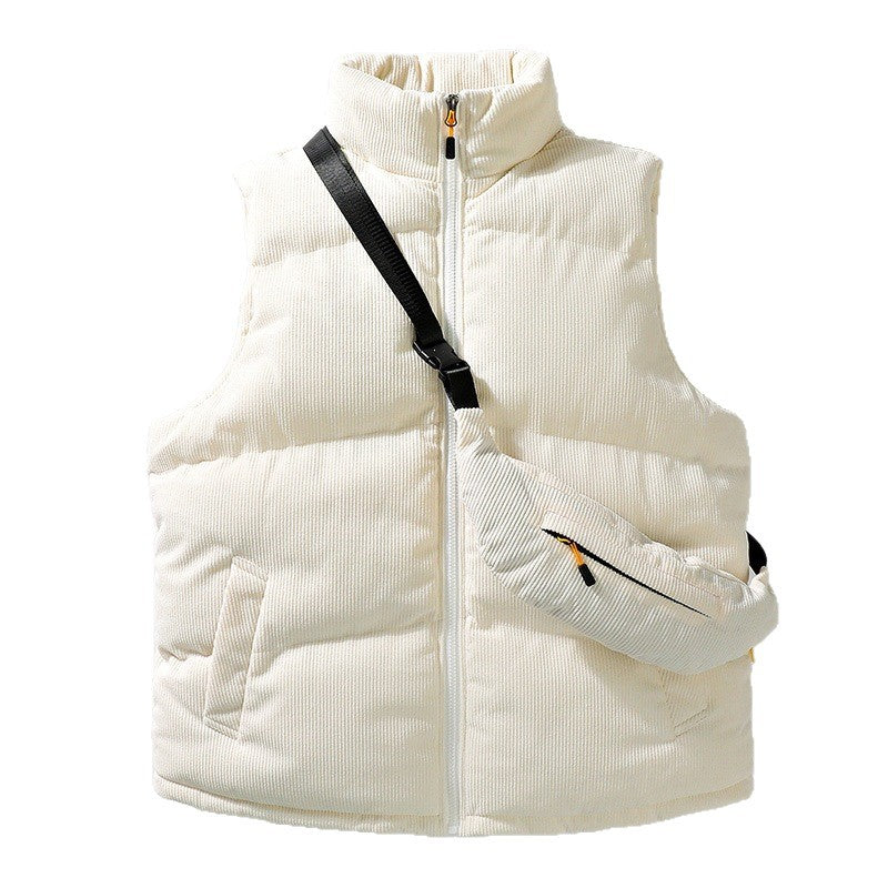 Men's Quilted Cord Sleeveless Thermal Vest with Stand Collar and Integrated Crossbody Bag Mune Fashion