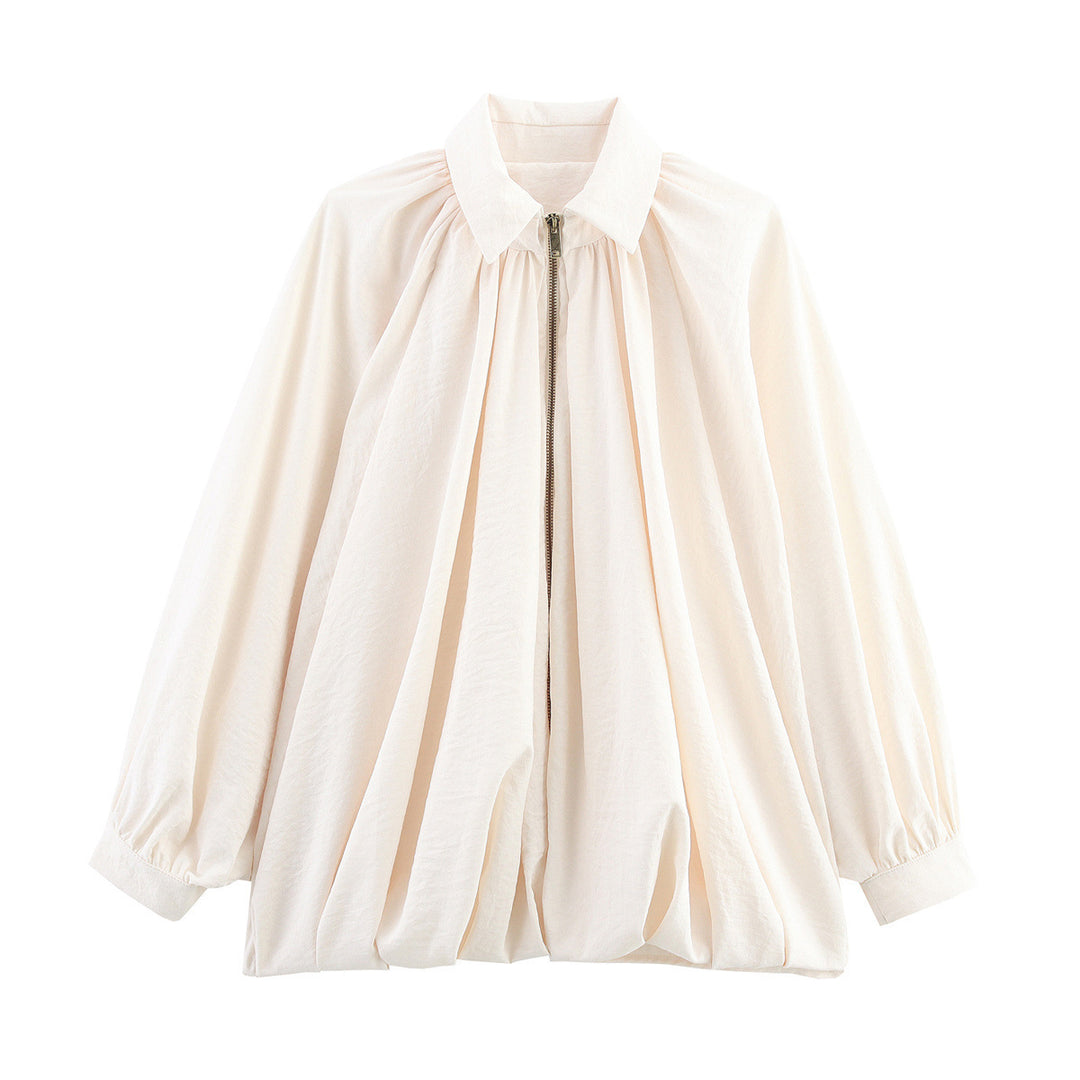 Women's wide pleated cape blouse with standing collar and concealed zipper Mune Fashion