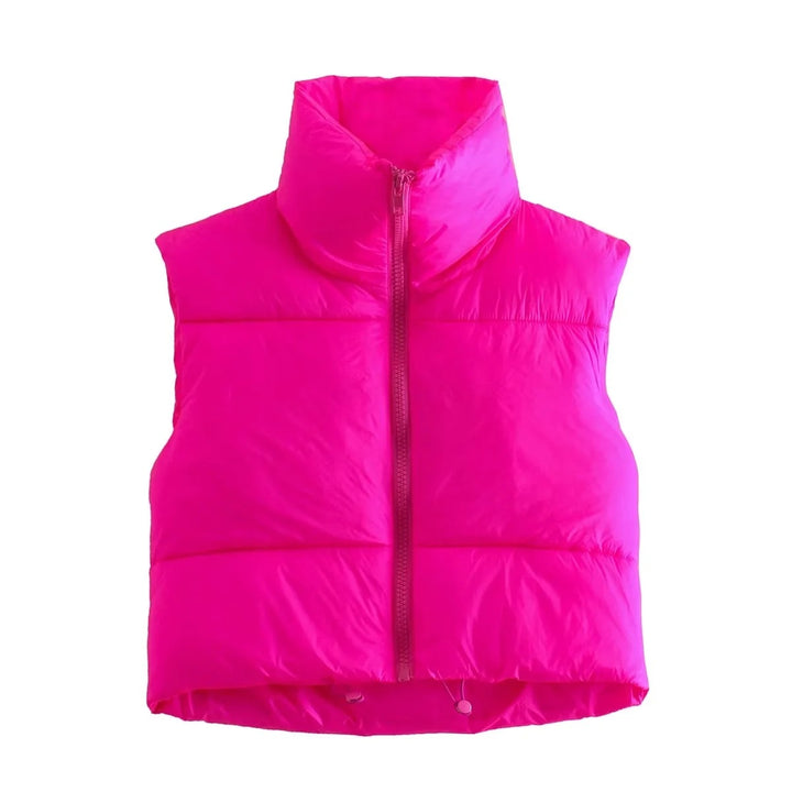 Women's short quilted vest with high stand-up collar, padded thermal filling, and adjustable drawstring hem Mune Fashion