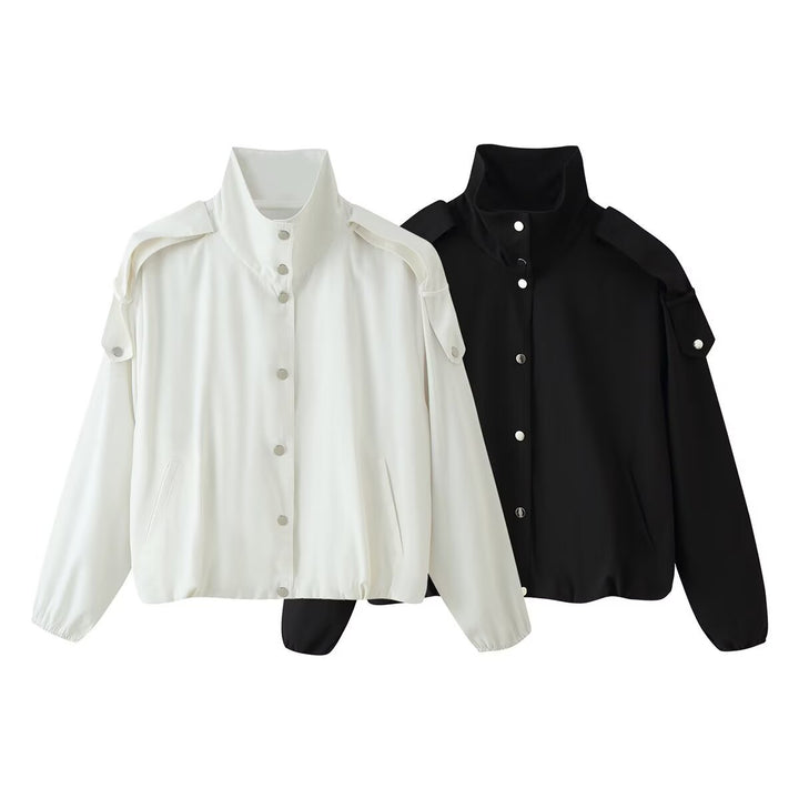 Ladies short jacket with high stand-up collar, shoulder pads and snap button placket Drune