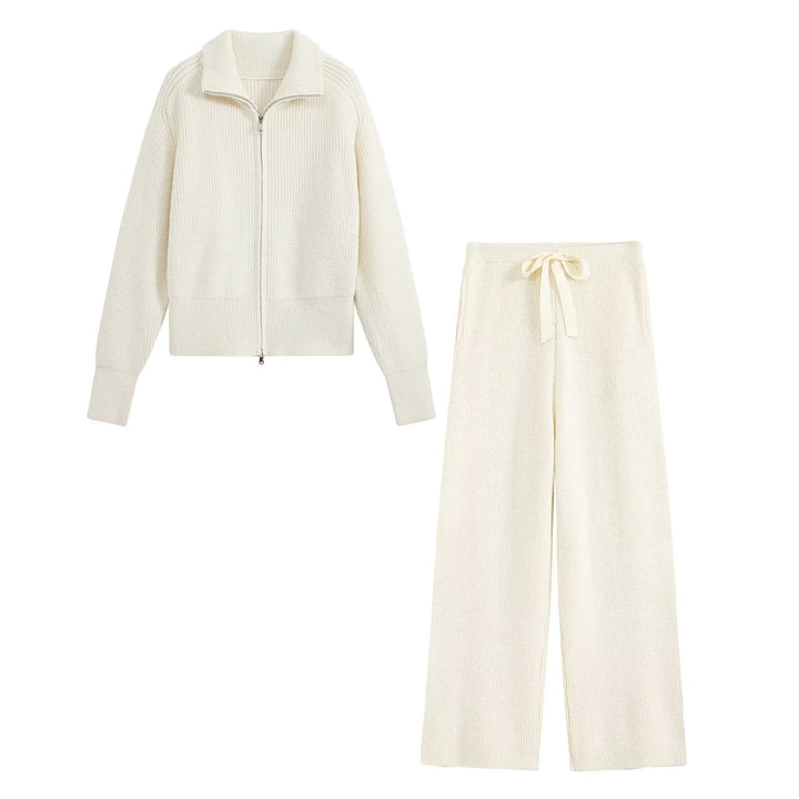 Women's Two-Piece Knit Set with Zipper Cardigan, Stand Collar and Wide Leg Trousers