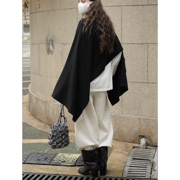 Women's Asymmetrical Knit Poncho with Button Collar and Oversized Silhouette Mune Fashion