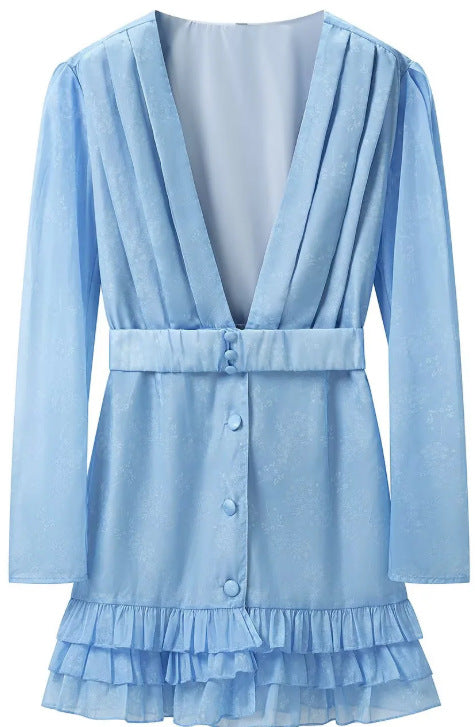 Women's Short Satin Dress with Deep V-Neck, Waist Belt and Layered Ruffles Mune Fashion