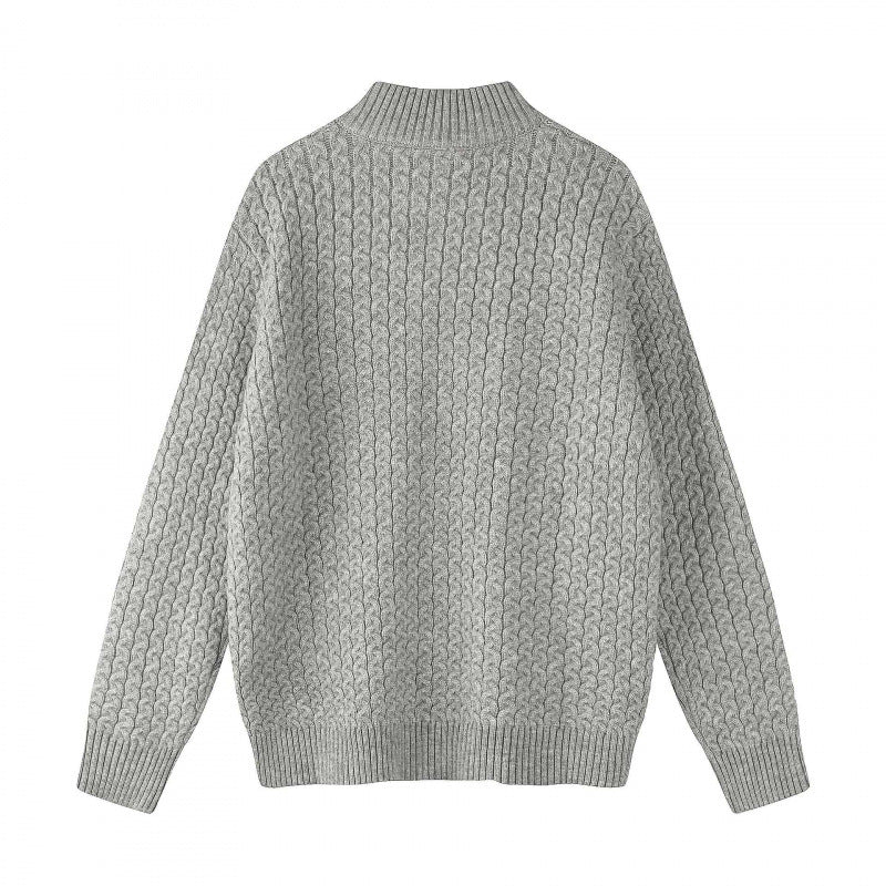 Unisex Boxy Cardigan with Cable Pattern, Stand-up Collar and Two-way Zipper Mune Fashion