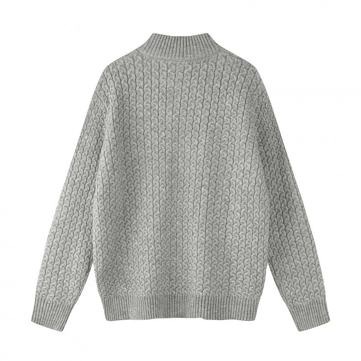 Unisex Boxy Cardigan with Cable Pattern, Stand-up Collar and Two-way Zipper Mune Fashion