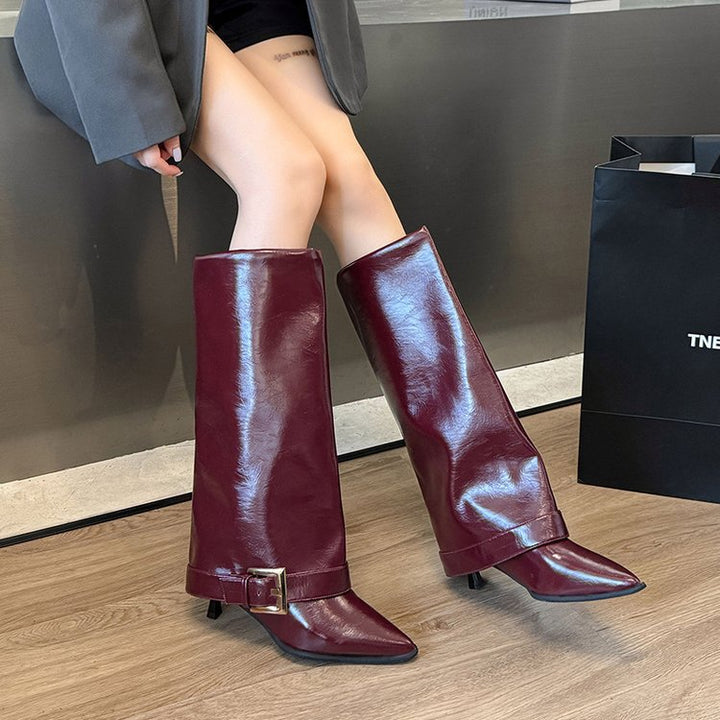 Women's Knee-High Boots with Sculpted Pointed Toe, Straight Shaft and Decorative Buckle Mune Fashion