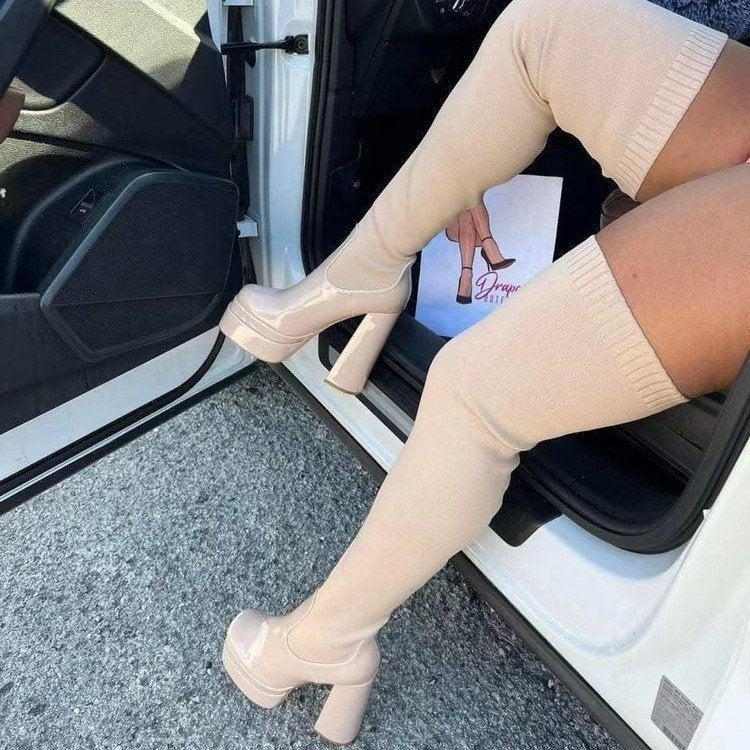 Women's over-the-knee boots with platform sole and elastic shaft construction Mune Fashion