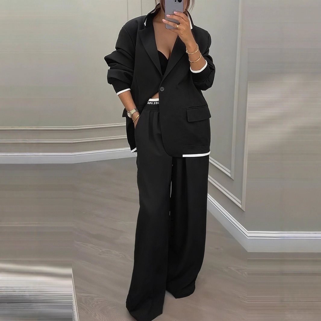 Women Oversized Blazer with Contrast Trim and High-Waist Palazzo Pants Two-Piece Set Mune Fashion