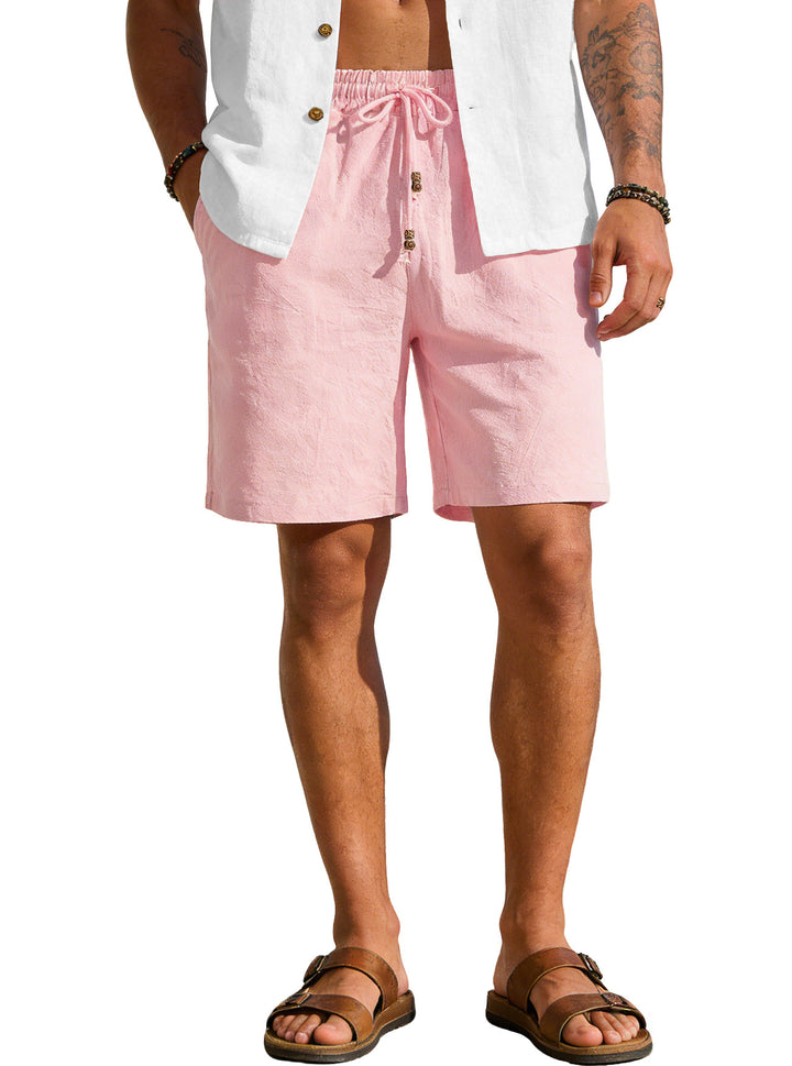 Men's lightweight beach Bermuda shorts made of linen blend with elastic waistband, drawstring and decorative button placket Mune Fashion