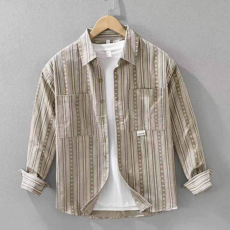 Men's overshirt in a casual worker style with vertical stripe pattern and patch pockets Mune Fashion