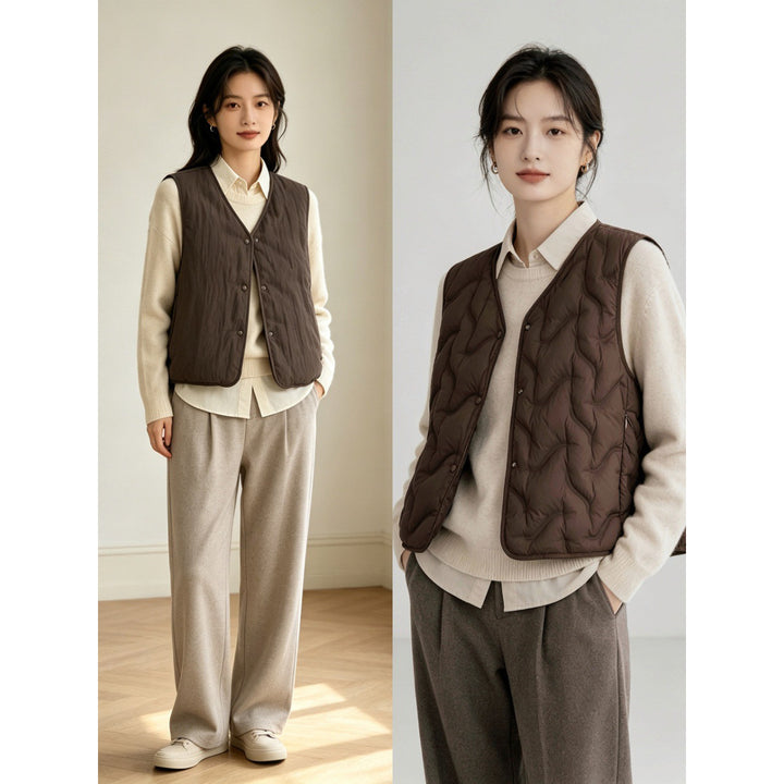 Women’s lightly padded quilted vest with V-neck and press studs Mune Fashion
