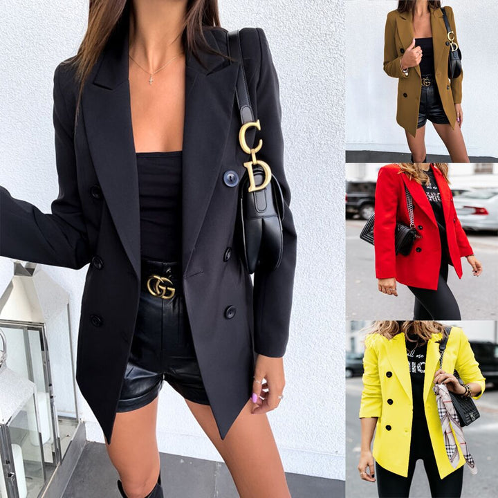 Women nan tailored long blazer with double-breasted button placket, lapel collar and patch pockets Mune Fashion