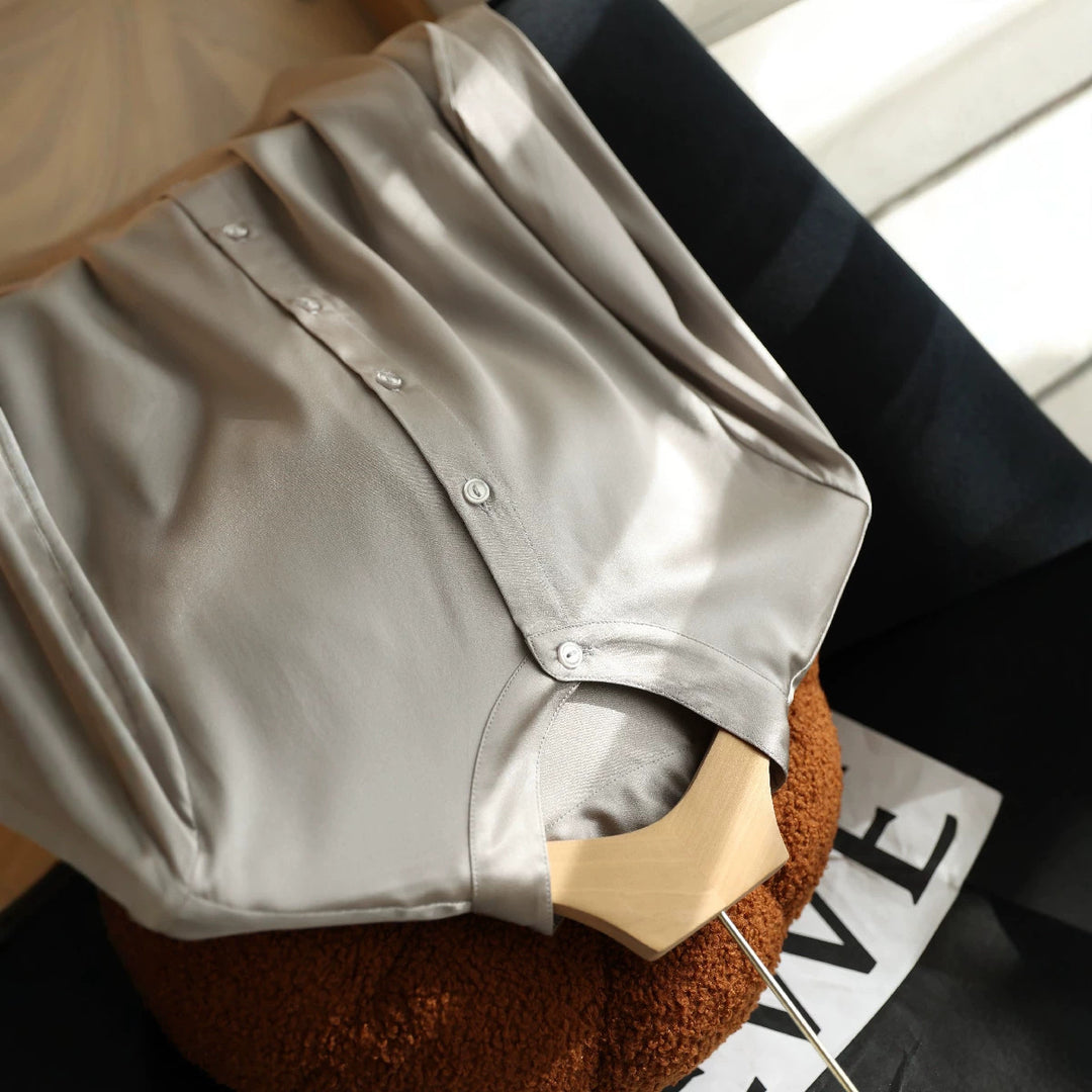 Women's Elegant Satin Blouse with Buttoned Neckline Drune