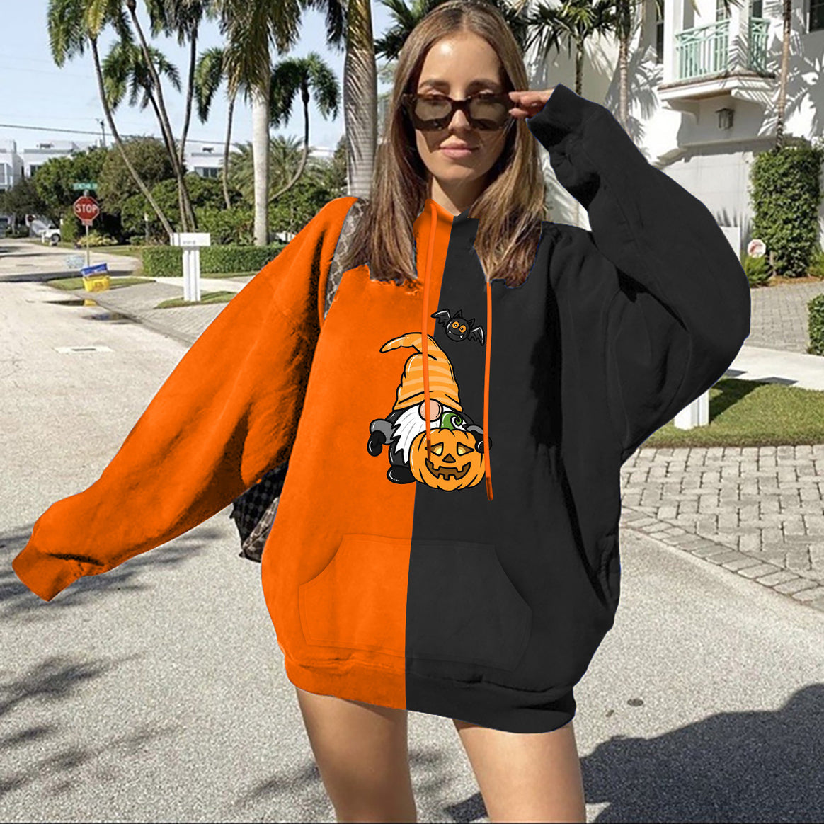 Women's Oversize Hoodie with Split Block Look and Halloween Gnome Print Mune Fashion