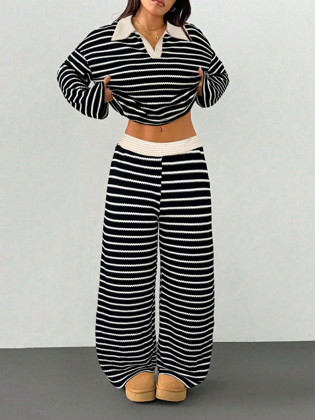Women's Knitted Loungewear Set with Polo V Neck, Bell Sleeves, and Wide High-Cut Trouser Leg Mune Fashion