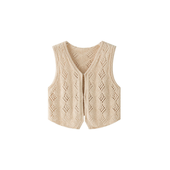 Ladies finely knitted short vest with V-neck, ajour pattern and hook closure Mune Fashion