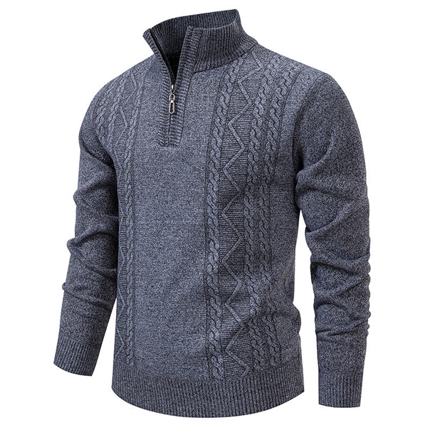 Men's Half-Zip Knit Sweater with Cable Pattern and Stand-Up Collar Mune Fashion
