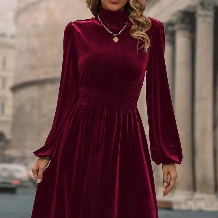 Women Velvet Dress with High Neck Design and Elegant Long Sleeves Mune