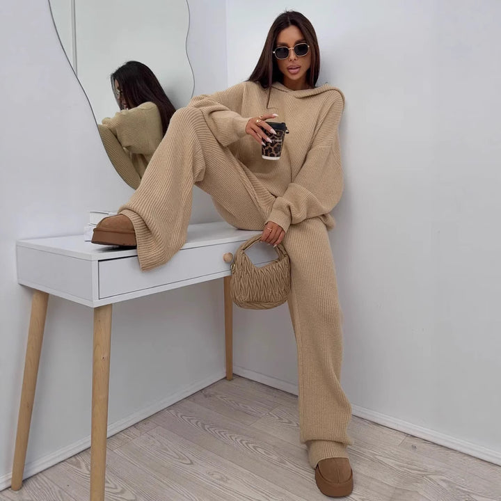 Women's elegant cashmere-like knit set with asymmetric waterfall collar and flowing palazzo knit trousers Mune Fashion