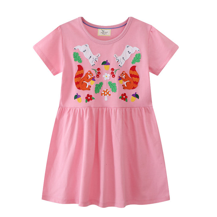 Girls Cotton Dress with Colorful Animal Appliqués Mune Fashion