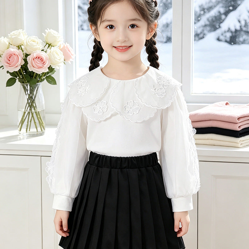 Girls elegant blouse with decorated back opening and tulle sleeves Mune Fashion