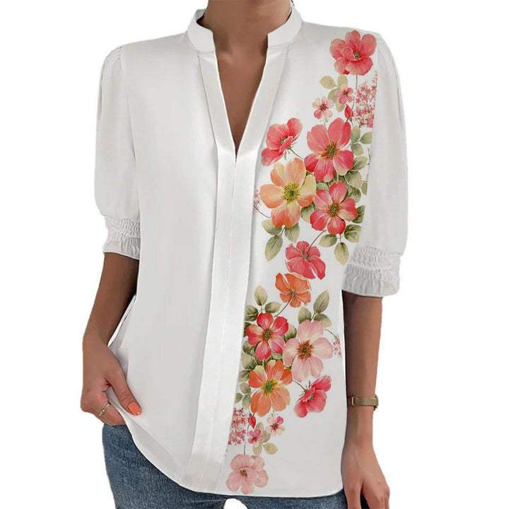 Women Floral Print Tunic Blouse with Stand Collar, Slit V-Placket and Gathered 3/4 Sleeves Mune Fashion
