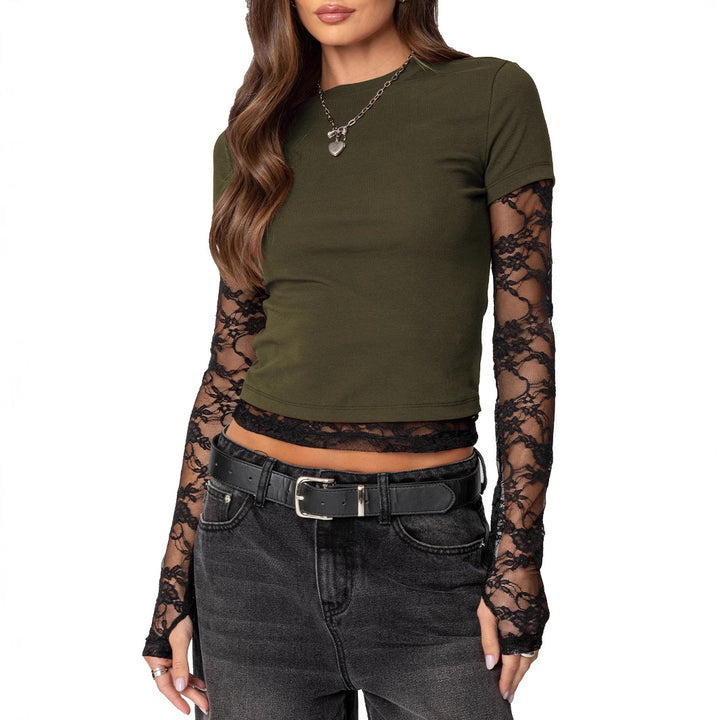 Women's Cropped T-Shirt with Transparent Lace Sleeves Mune Fashion