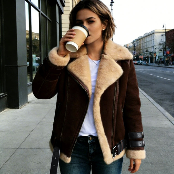 Ladies fluffy biker jacket with teddy lining and buckle trim Mune Fashion