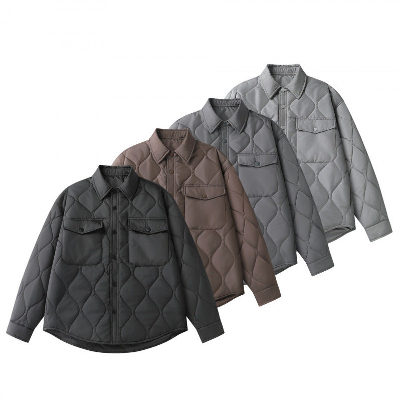 Unisex Padded Quilted Shirt Jacket with Flap Pockets and Curved Hem Mune Fashion