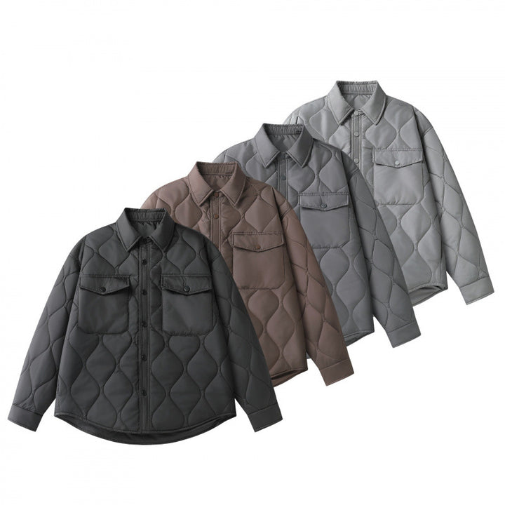 Unisex Padded Quilted Shirt Jacket with Flap Pockets and Curved Hem Mune Fashion