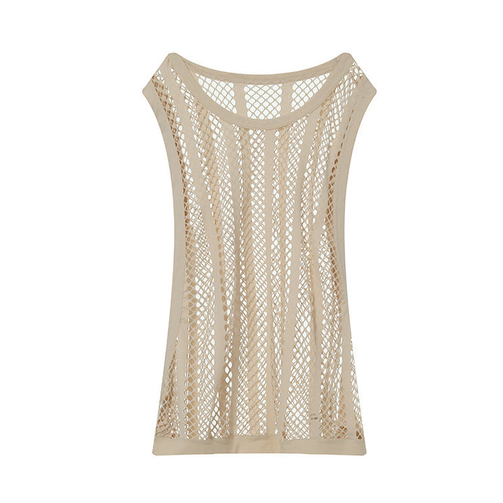 Women's airy hole knit mesh top with wide straps and elastic hem Mune Fashion