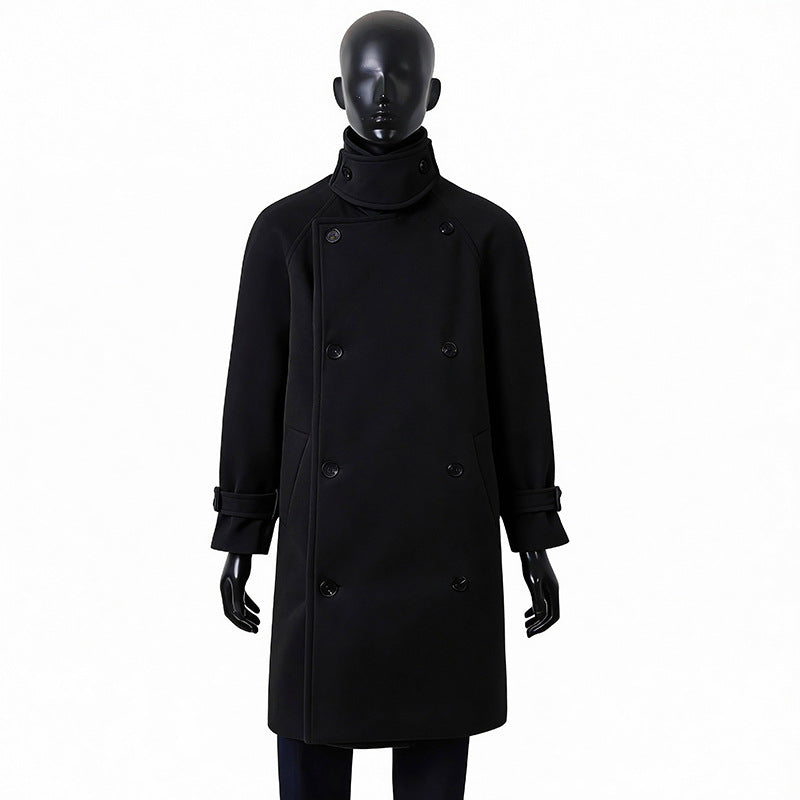 Men's Maxi-Length Double-Breasted Wool Mix Coat with High Stand Collar, Waist Belt and Adjustable Cuff Straps Mune Fashion