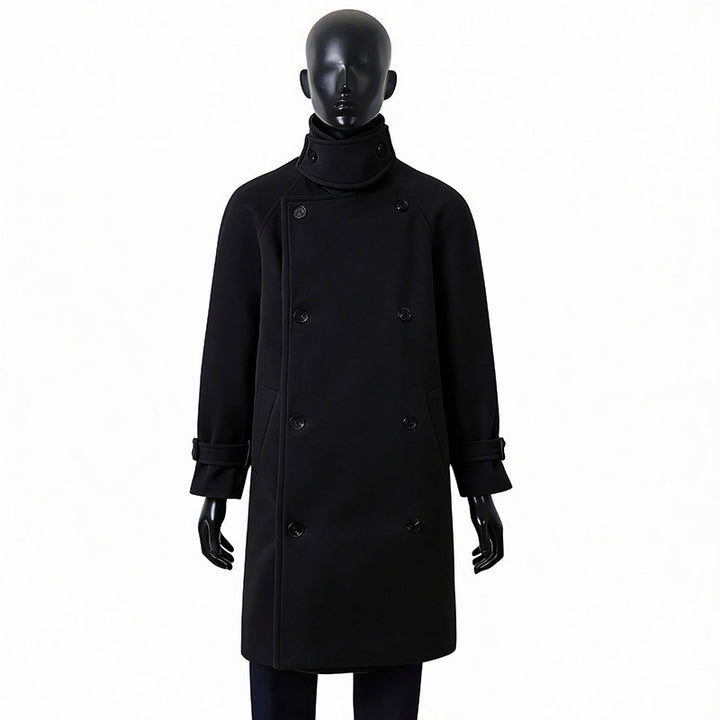 Men's Maxi-Length Double-Breasted Wool Mix Coat with High Stand Collar, Waist Belt and Adjustable Cuff Straps Mune Fashion