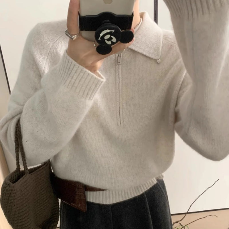 Women’s short zip polo pullover made of fluffy wool blend with boxy silhouette Mune Fashion