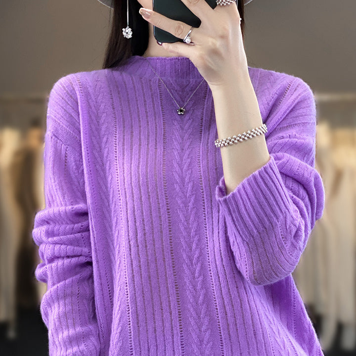 Women Cashmere-like Fine Knit Mock Neck Sweater with Lace Cable Pattern and Casual Oversized Fit Mune Fashion