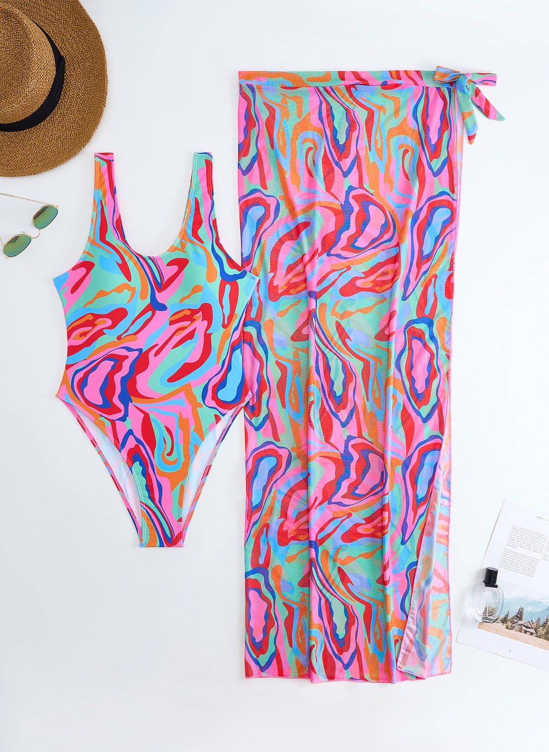 Ladies High-Cut Sport Swimsuit with Matching Wrap Skirt Mune Fashion