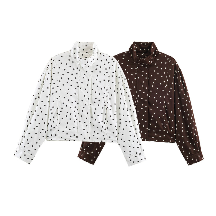 Women's Polka Dot Cropped Blouse with Stand Collar and Concealed Button Placket Mune Fashion