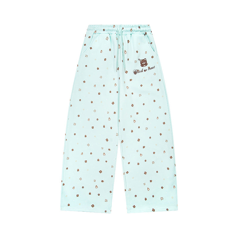 Women's Wide Lounge Pants in Culotte Style with Elastic Comfort Waistband and Cute Bear Print