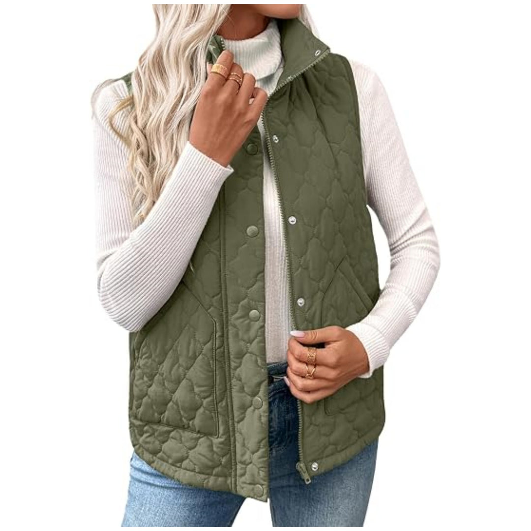 Women's quilted stand collar vest with zipper and snap buttons Mune Fashion