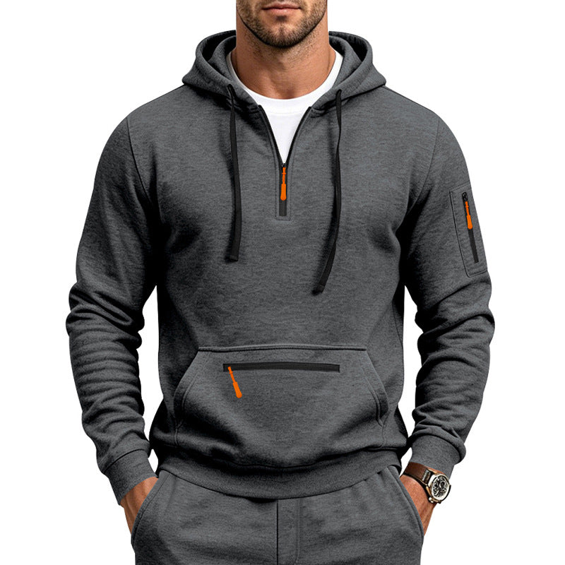 Men's Hooded Sweatshirt with Half-Zip, Kangaroo Pocket and Zipper Pockets Mune Fashion