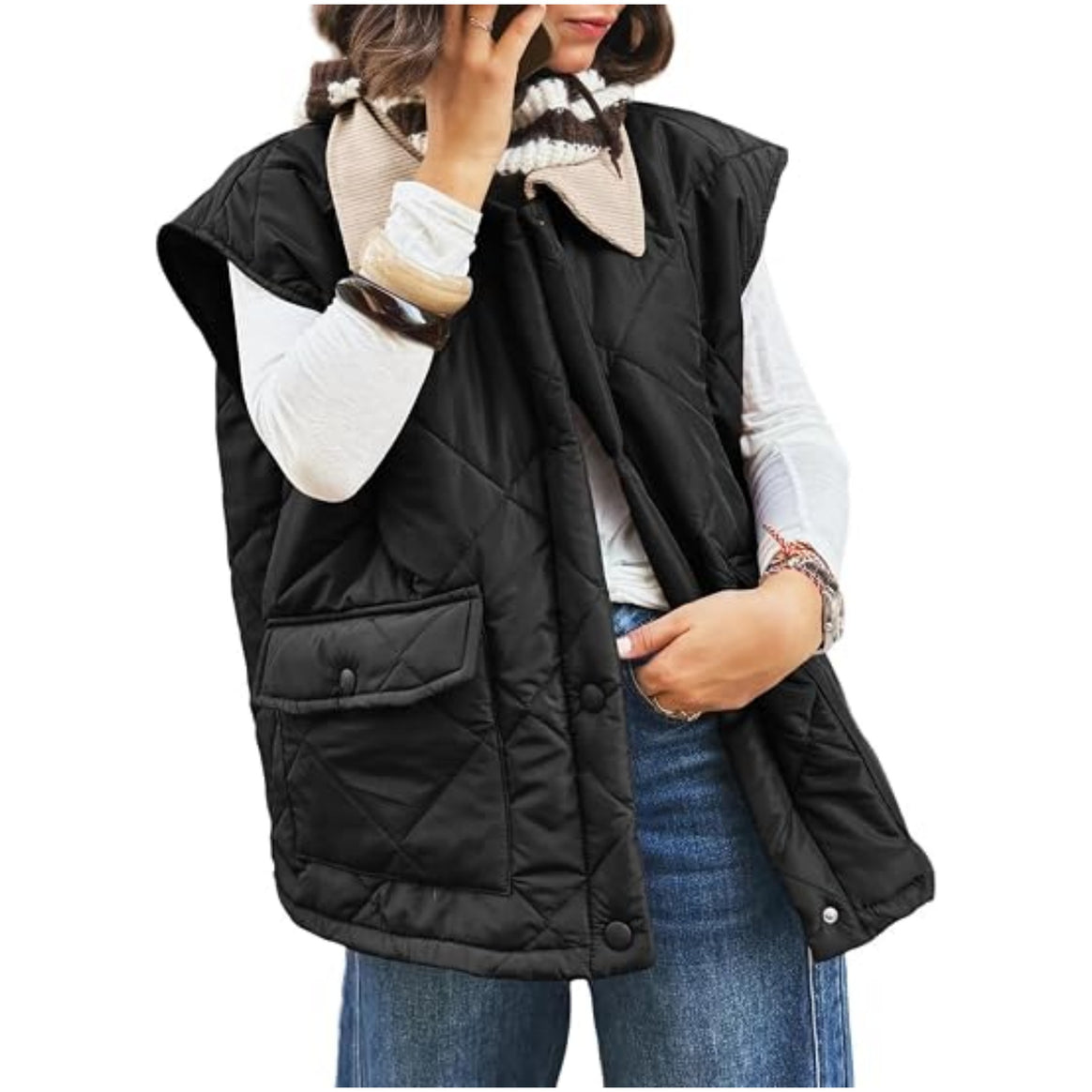Women's Oversize Padded Vest with Snap Pockets and High Collar Mune Fashion