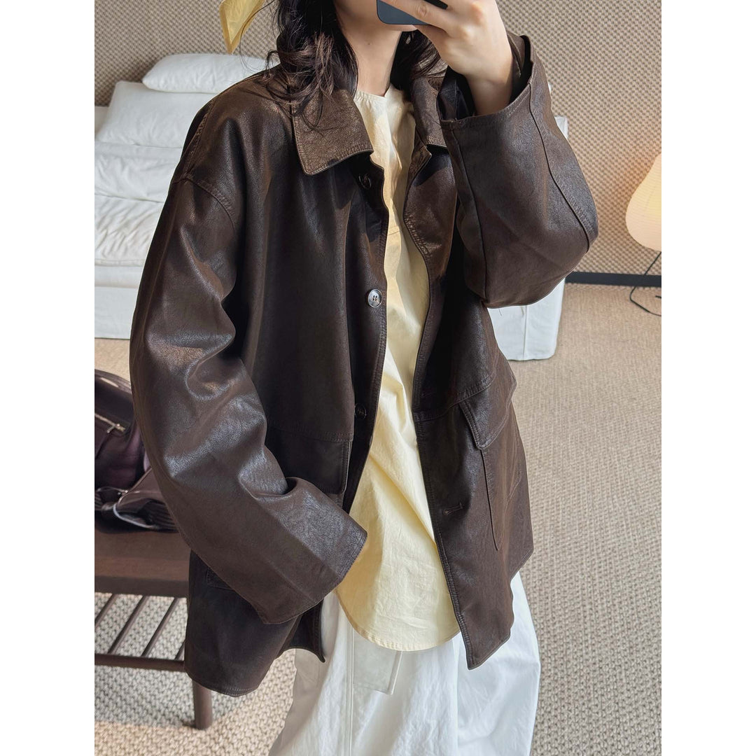 Women Oversized Faux Leather Shirt Jacket with Wide Collar and Flap Pockets Mune Fashion