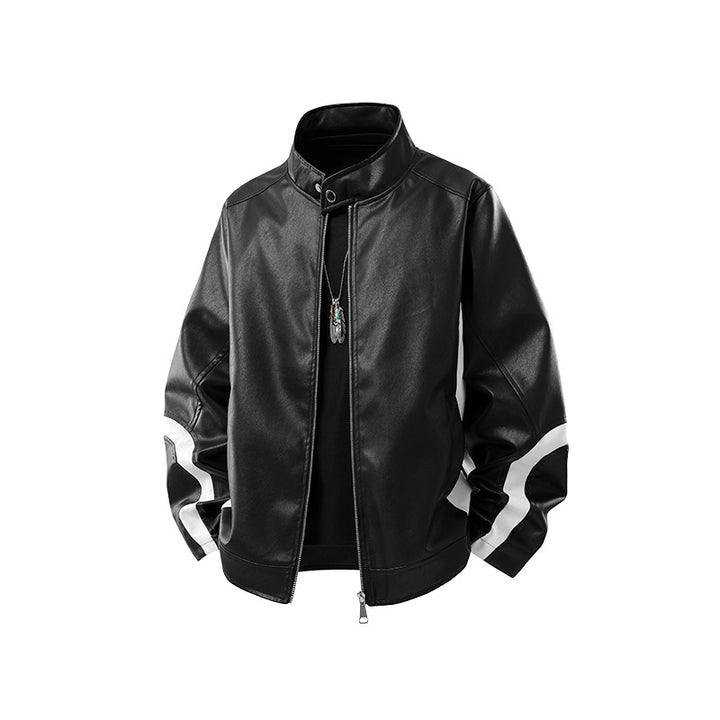 Herren Lederjacke im Bomberstil mit Stehkragen und kontrastierenden Wellenstreifen Mune Fashion