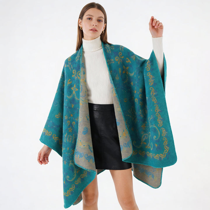 Women's Reversible Jacquard Cape Wrap with Ornamental Structure Mune Fashion