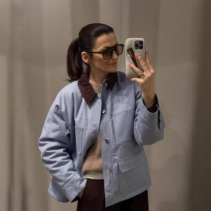 Women's oversized field jacket with contrasting collar and multiple patch pockets Mune Fashion