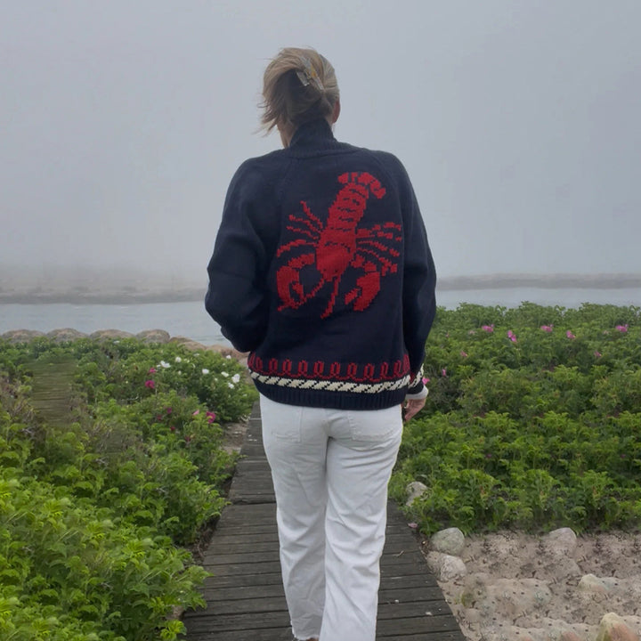 Women's Oversize Knitted Cardigan with Whale Motif and Nautical Contrast Border Mune Fashion